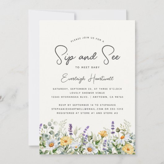 ワイルドフラワーの水の色のsipと参照ベビーシャワー 招待状 (正面)