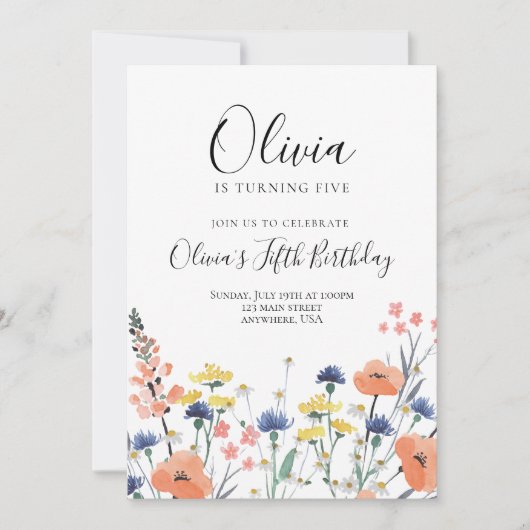 ワイルドフラワーの水彩フローラ誕生日 招待状 (正面)