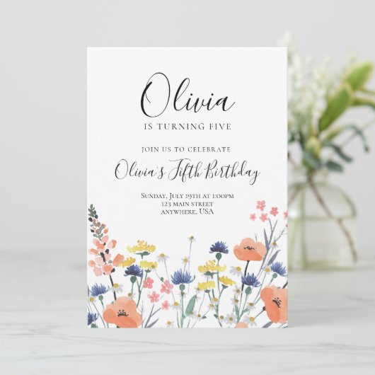 ワイルドフラワーの水彩フローラ誕生日 招待状 (スタンド正面)