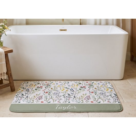 ワイルドフラワーの水彩植物名 バスマット