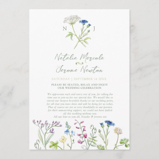 ワイルドフラワーの水彩緑の結婚式プログラム プログラム (正面)