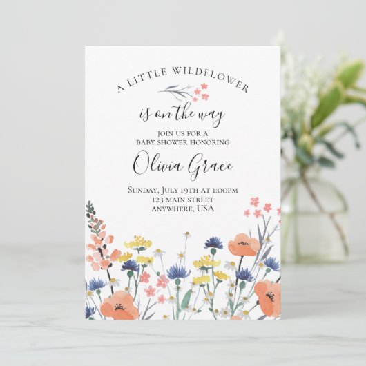 ワイルドフラワーの水色のフローラの赤ちゃんシャワーの招待 招待状 (スタンド正面)
