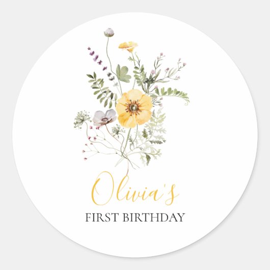 ワイルドフラワーの水色フローラの最初の誕生日 ラウンドシール (正面)