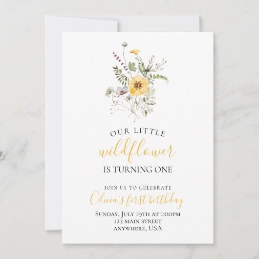 ワイルドフラワーの水色フローラの最初の誕生日 招待状 (正面)