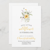 ワイルドフラワーの水色フローラの最初の誕生日 招待状 (正面/裏面)
