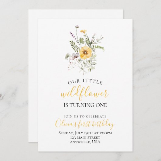 ワイルドフラワーの水色フローラの最初の誕生日 招待状 (正面/裏面)