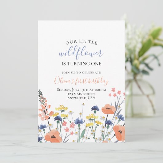 ワイルドフラワーの水色フローラの最初の誕生日 招待状 (スタンド正面)