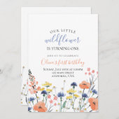 ワイルドフラワーの水色フローラの最初の誕生日 招待状 (正面/裏面)