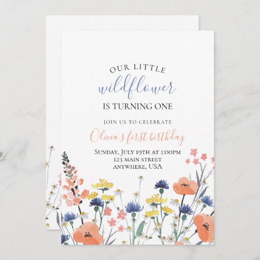 ワイルドフラワーの水色フローラの最初の誕生日 招待状 (正面/裏面)
