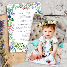 ワイルドフラワーの水色フローラ写真1歳 招待状