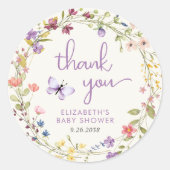 ワイルドフラワーの水色ベビーガールシャワーありがとう ラウンドシール (正面)