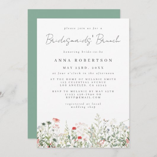 ワイルドフラワーの牧場での花嫁の友人たちの朝食 招待状 (正面/裏面)