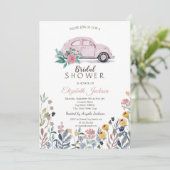 ワイルドフラワーの牧場　ピンクの車　ブライズシャワー 招待状 (スタンド正面)