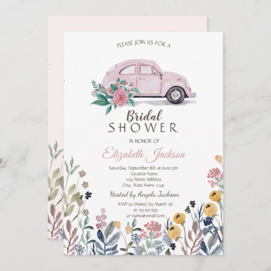 ワイルドフラワーの牧場　ピンクの車　ブライズシャワー 招待状 (正面/裏面)
