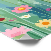 ワイルドフラワーの牧草地のふわふわの白い猫、かわいいフローラ ポスター (角)