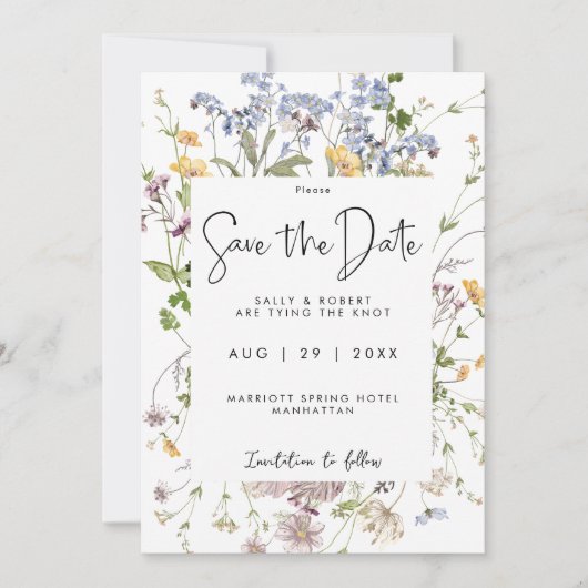 ワイルドフラワーの牧草地のフローラは日付カードを保存 サンキューカード (正面)