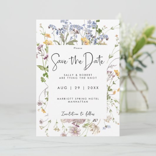 ワイルドフラワーの牧草地のフローラは日付カードを保存 サンキューカード (スタンド正面)