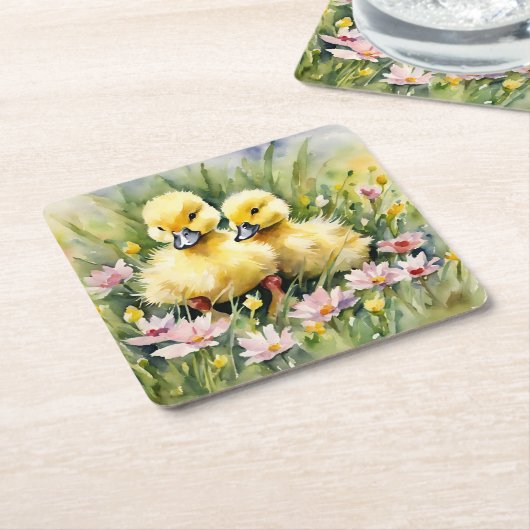 ワイルドフラワーの牧草地の水色のアヒル スクエアペーパーコースター (アングル)