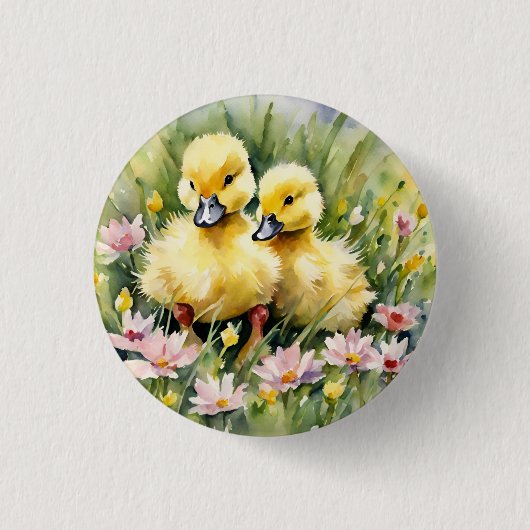 ワイルドフラワーの牧草地の水色のアヒル 缶バッジ (正面)