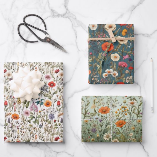 ワイルドフラワーの牧草地の白、緑、青の背景 ラッピングペーパーシート (正面)