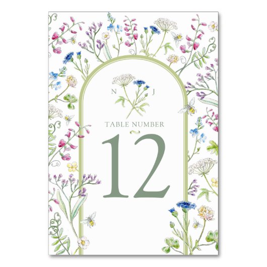 ワイルドフラワーの牧草地フローラの水彩結婚芸術 テーブルナンバー (裏面)