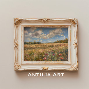 ワイルドフラワーの牧草地絵画の風景の印象主義 ポスター