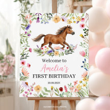 ワイルドフラワーの田舎風な馬の女の子の誕生日ウェルカムサイン