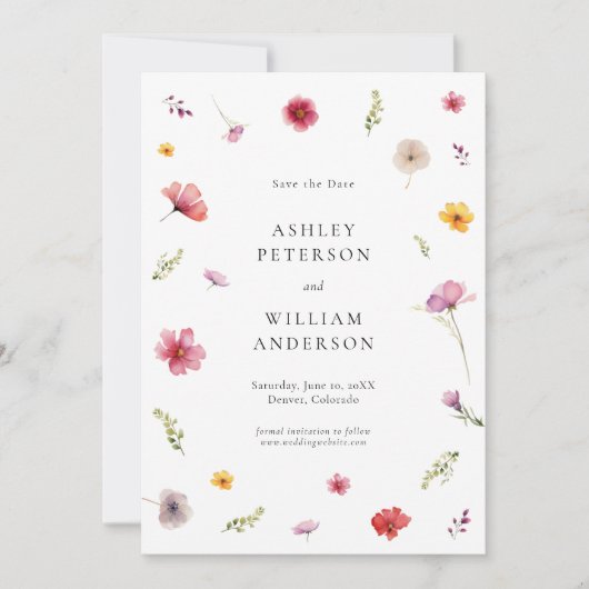 ワイルドフラワーの結婚式の日付を保存 招待状 (正面)