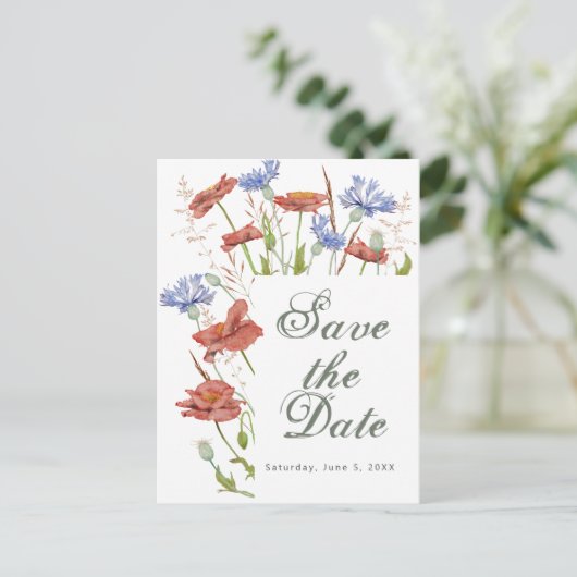 ワイルドフラワーの結婚式は、日付のはがきを除いて ポストカード (スタンド正面)