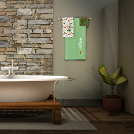 ワイルドフラワーの緑、白、赤の名前 バスタオルセット