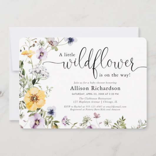 ワイルドフラワーの繊細なフローラ春ベビースシャワー 招待状 (正面)