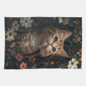 ワイルドフラワーの美しいオレンジ色の子猫 キッチンタオル (横)