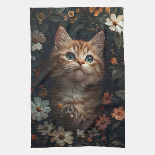 ワイルドフラワーの美しいオレンジ色の子猫 キッチンタオル (縦)