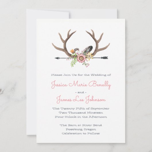 ワイルドフラワーの羽結婚と矢 招待状 (正面)