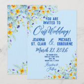 ワイルドフラワーの至福 青い背景に美しい花々 招待状 (正面/裏面)