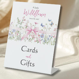 ワイルドフラワーの花とピンクのリボンのベビーシャワーファバー 台座サイン