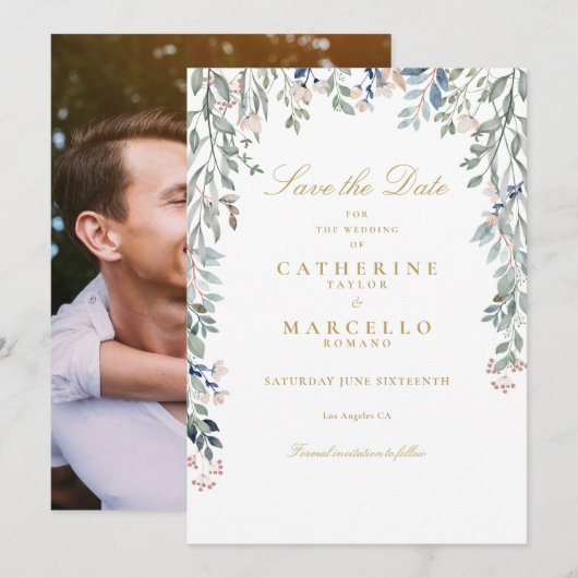 ワイルドフラワーの花の写真とゴールドの結婚式 セーブザデート (正面/裏面)