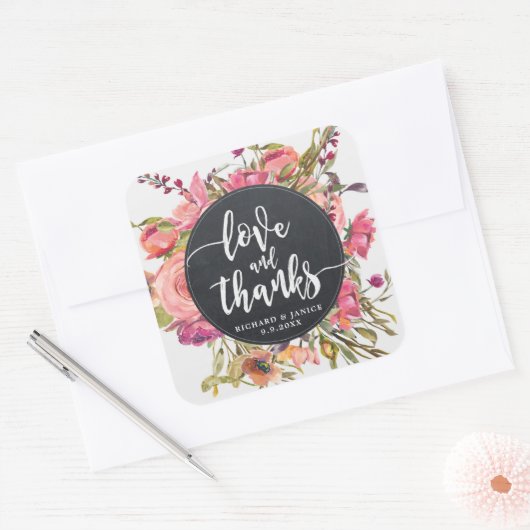 ワイルドフラワーの花の愛とありがとのシール結婚式 スクエアシール (封筒)