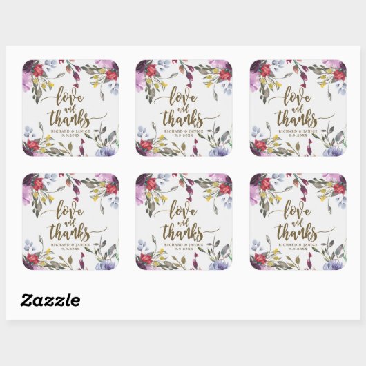 ワイルドフラワーの花の愛とありがとのシール結婚式 スクエアシール (シート)