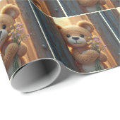 ワイルドフラワーの花束を持つ茶色のテディベア ラッピングペーパー (ロールコーナー)