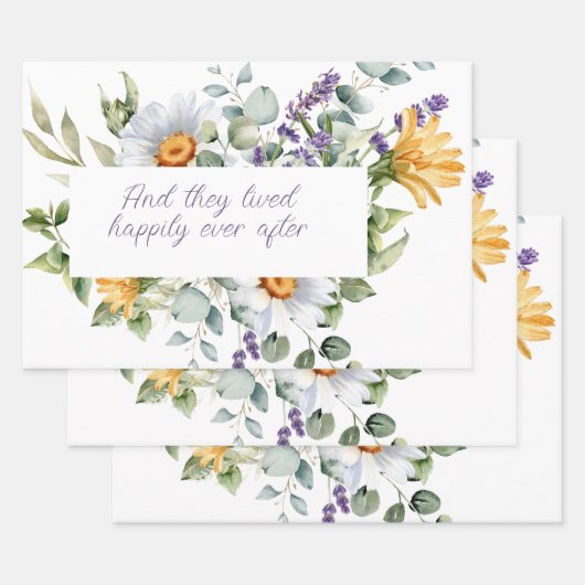 ワイルドフラワーの花束 水彩画の花のフレーム ラッピングペーパーシート (セット)