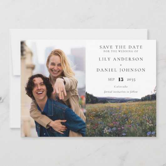 ワイルドフラワーの花畑の写真の結婚式 セーブザデート (正面)
