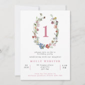 ワイルドフラワーの花輪の女の子の1歳の誕生日パーティー 招待状 (正面)