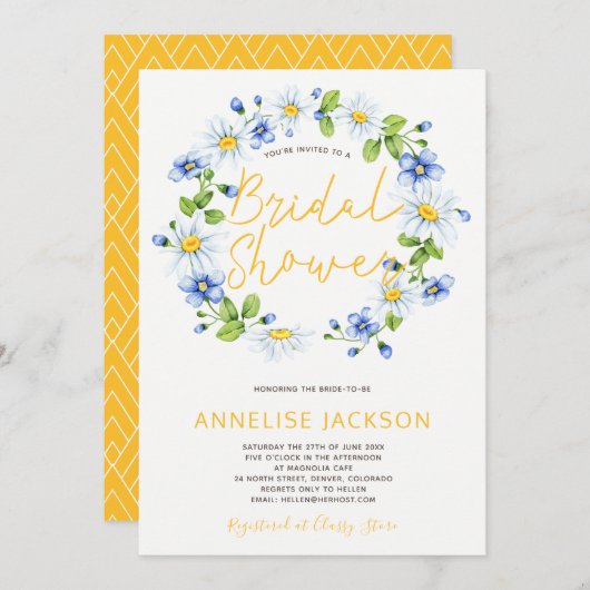 ワイルドフラワーの花輪 黄色 青 ブライダルシャワー 招待状 (正面/裏面)