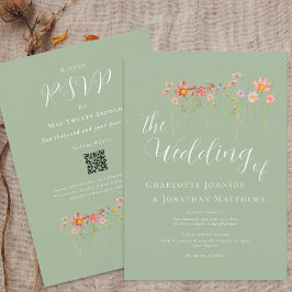 ワイルドフラワーの草原のセージグリーンQRコードのウェディング 招待状
