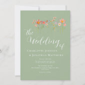 ワイルドフラワーの草原のセージグリーンQRコードのウェディング 招待状 (正面)