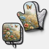 ワイルドフラワーの草原の蝶の庭 鍋つかみ&鍋敷きセット (正面/裏面)