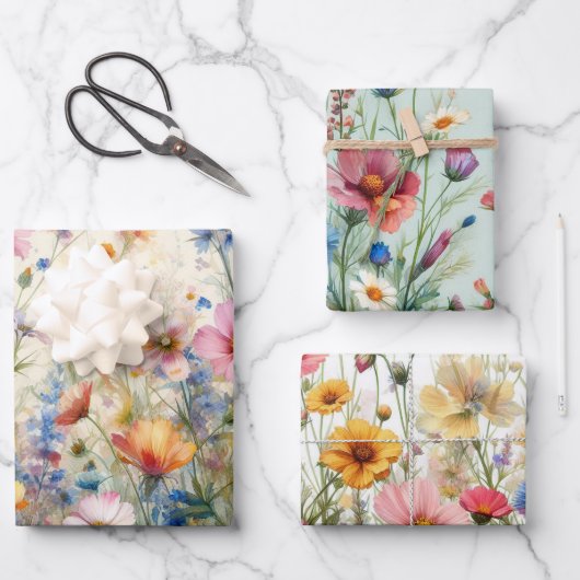 ワイルドフラワーの草原 ピンク、赤、黄色、紫、青 ラッピングペーパーシート (正面)