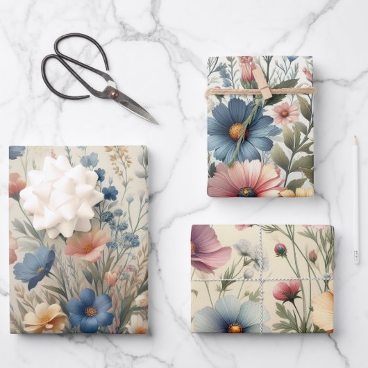 ワイルドフラワーの草原 ベージュの背景 ラッピングペーパーシート (正面)