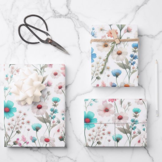 ワイルドフラワーの草原 白、緑、青 ラッピングペーパーシート (正面)